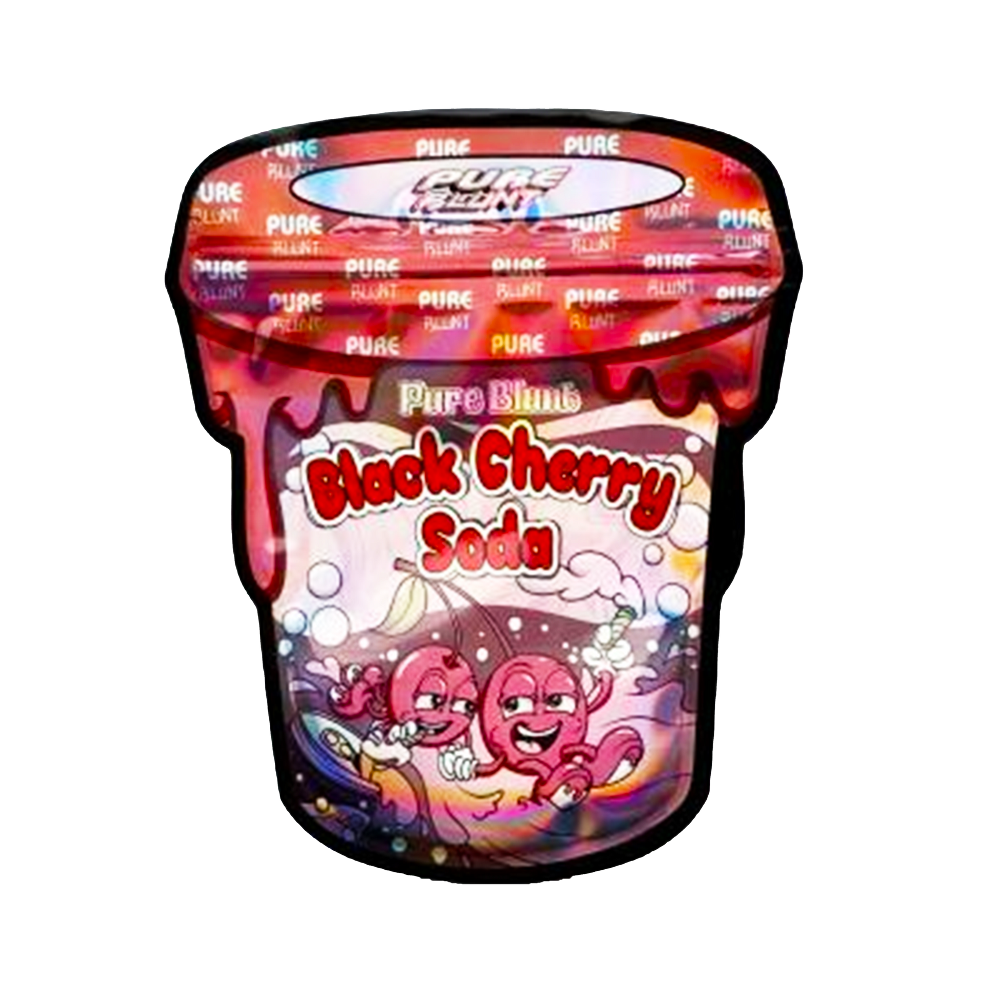 Mylar bag 3.5g, herb Mylar Bags, Where to buy mylar bags, Custom mylar bags near me, Mylar Bags Wholesale. Pac-Man Black Cherry Soda packaging with colorful design on a white background