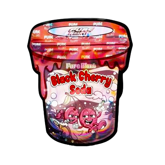 Mylar bag 3.5g, herb Mylar Bags, Where to buy mylar bags, Custom mylar bags near me, Mylar Bags Wholesale. Pac-Man Black Cherry Soda packaging with colorful design on a white background