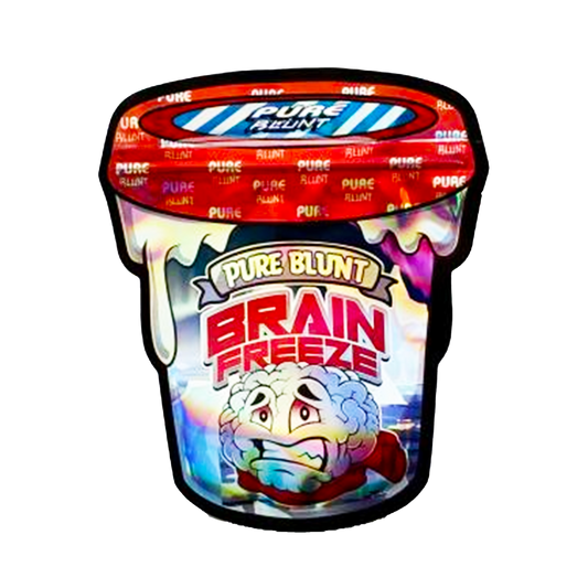 Mylar bag 3.5g, herb Mylar Bags, Where to buy mylar bags, Custom mylar bags near me, Mylar Bags Wholesale.  Ice cream container with 'Pure Blunt Brain Freeze' branding on a white background