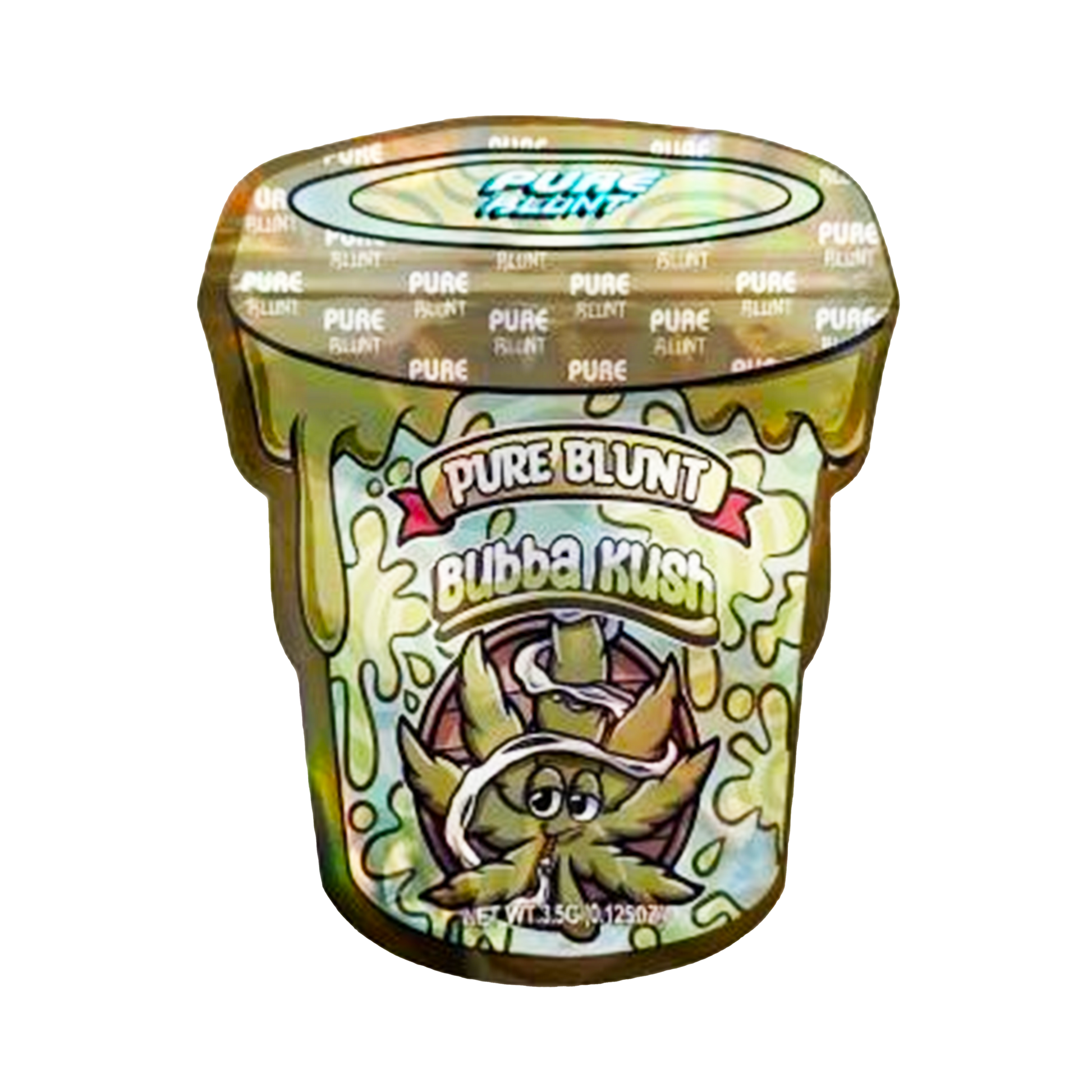 Mylar bag 3.5g, herb Mylar Bags, Where to buy mylar bags, Custom mylar bags near me, Mylar Bags Wholesale. Jar of Pure Blunt Bubba Kush on a white background