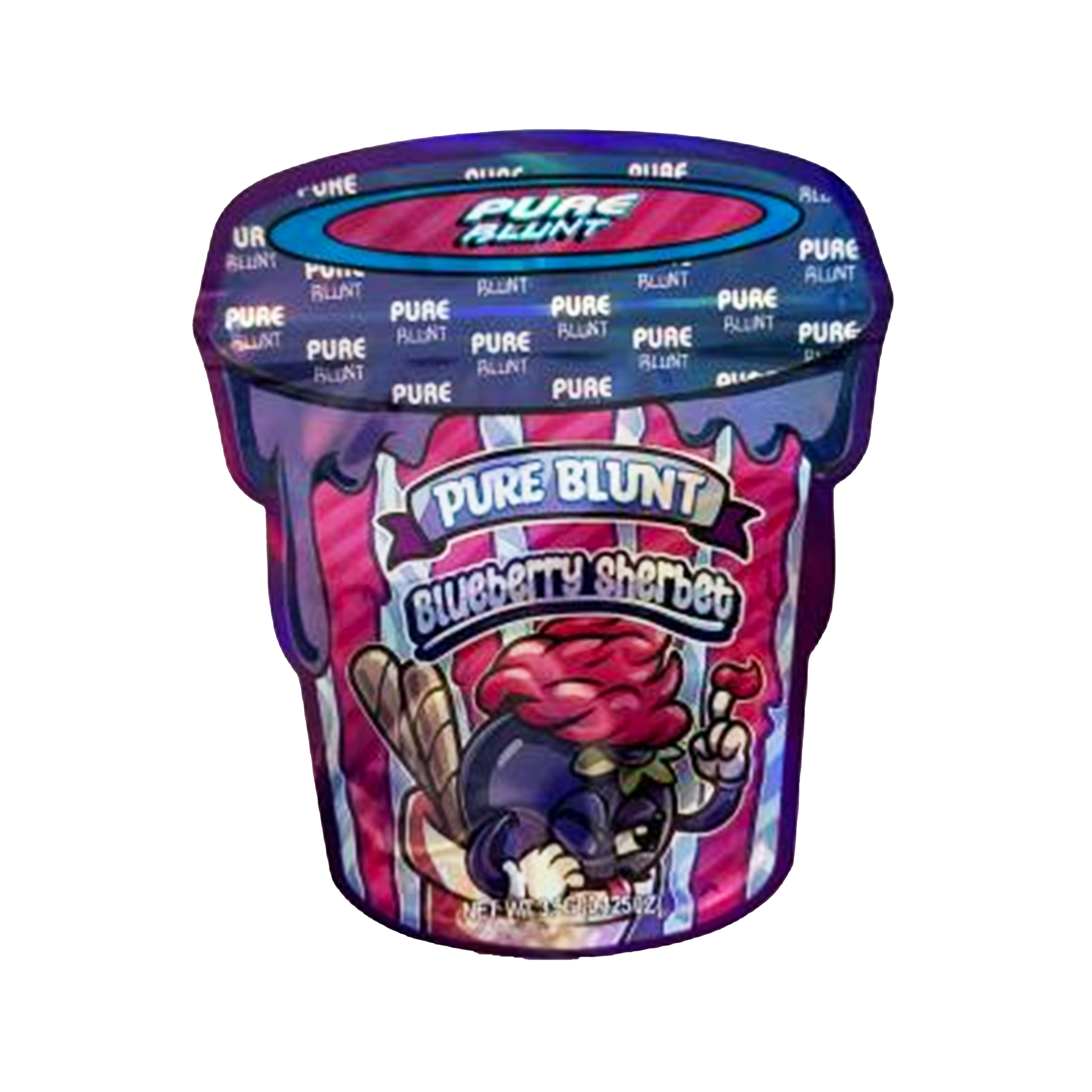 Mylar bag 3.5g, herb Mylar Bags, Where to buy mylar bags, Custom mylar bags near me, Mylar Bags Wholesale. Purple container of Pure Blunt Blueberry Sherbet on a white background