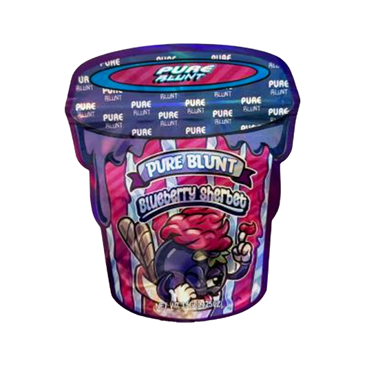 Mylar bag 3.5g, herb Mylar Bags, Where to buy mylar bags, Custom mylar bags near me, Mylar Bags Wholesale. Purple container of Pure Blunt Blueberry Sherbet on a white background