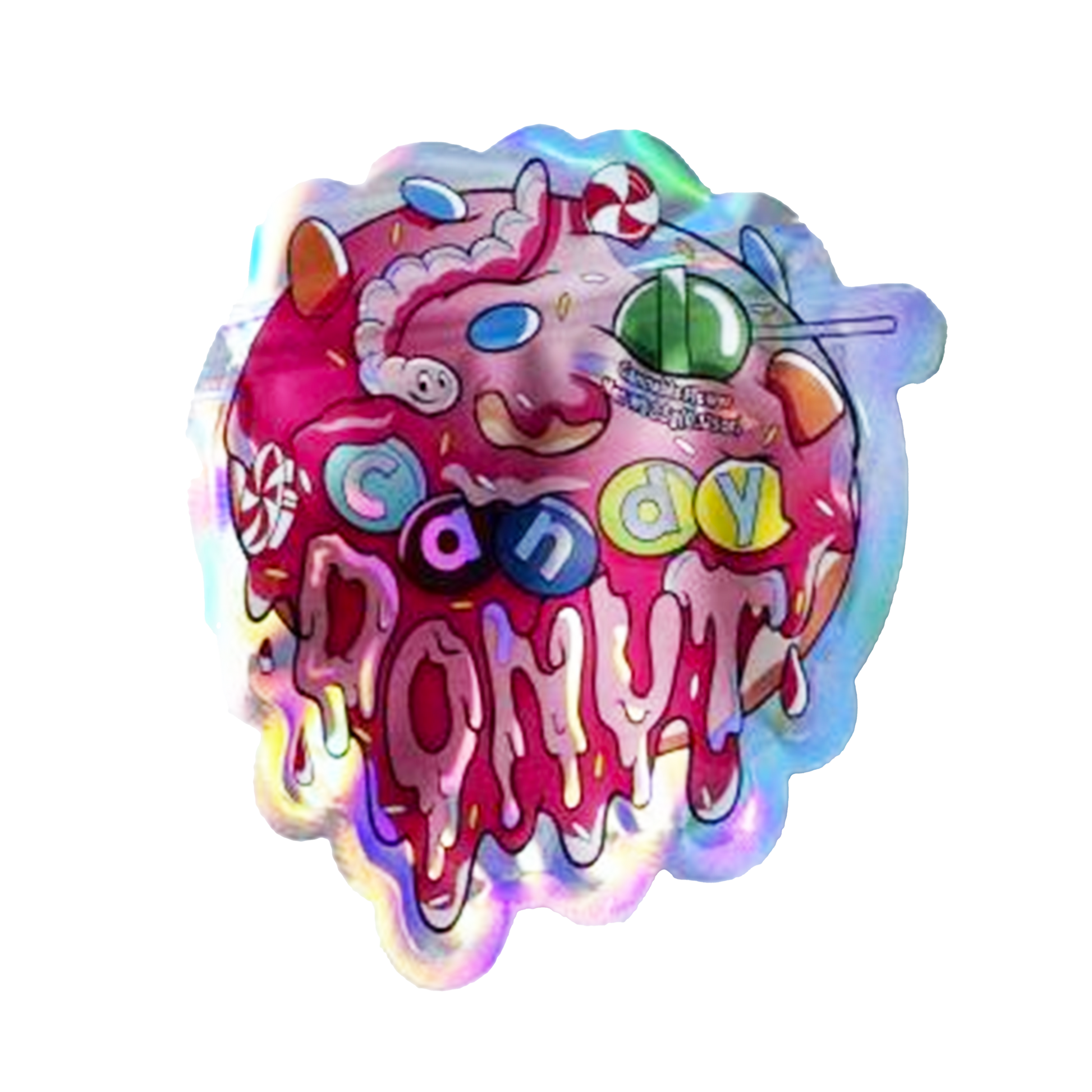 Mylar bag 3.5g, herb Mylar Bags, Where to buy mylar bags, Custom mylar bags near me, Mylar Bags Wholesale. Holographic candy-themed sticker with a unicorn design on a white background