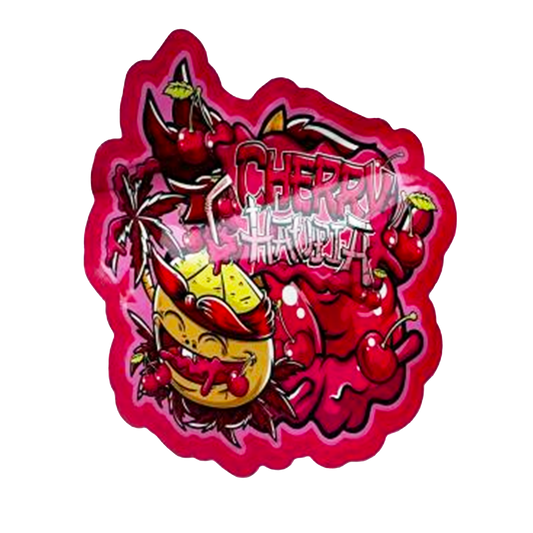 Mylar bag 3.5g, herb Mylar Bags, Where to buy mylar bags, Custom mylar bags near me, Mylar Bags Wholesale. Sticker with cherry and pineapple design on a pink background