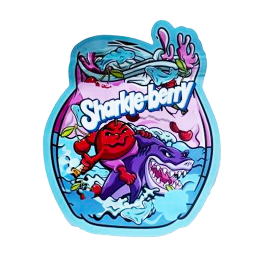 Mylar bag 3.5g, herb Mylar Bags, Where to buy mylar bags, Custom mylar bags near me, Mylar Bags Wholesale. Colorful illustration of a shark and a red character with 'Sharkie Berry' text on a white background