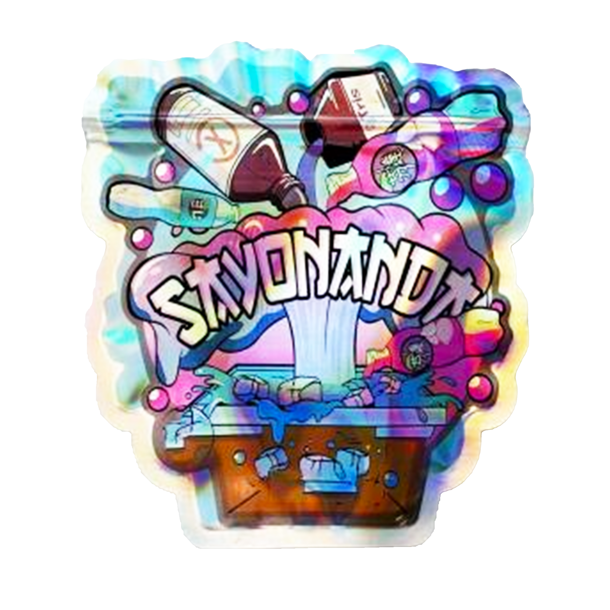 Mylar bag 3.5g, herb Mylar Bags, Where to buy mylar bags, Custom mylar bags near me, Mylar Bags Wholesale. Colorful sticker with 'Slyvomanu' text and various graphics on a white background