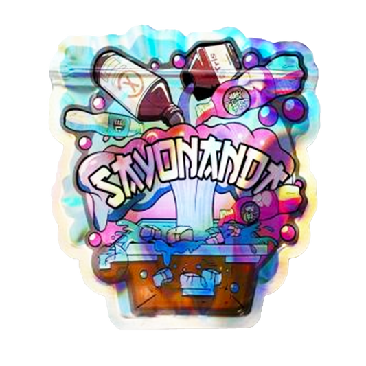 Mylar bag 3.5g, herb Mylar Bags, Where to buy mylar bags, Custom mylar bags near me, Mylar Bags Wholesale. Colorful sticker with 'Slyvomanu' text and various graphics on a white background