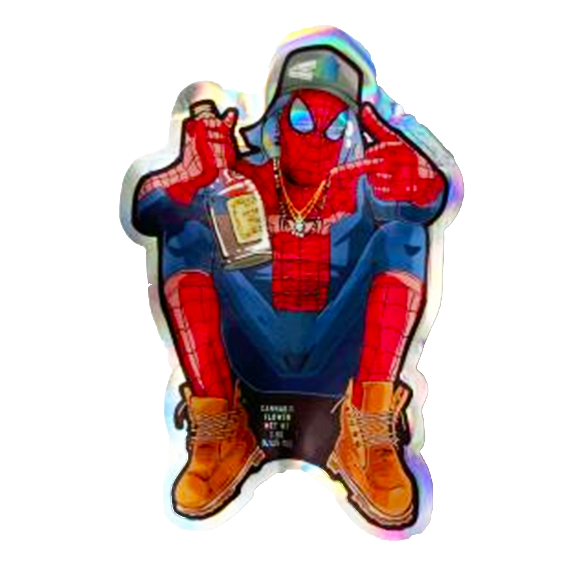 Mylar bag 3.5g, herb Mylar Bags, Where to buy mylar bags, Custom mylar bags near me, Mylar Bags Wholesale. Holographic sticker of a character in a Spider-Man costume with a drink, on a white background.