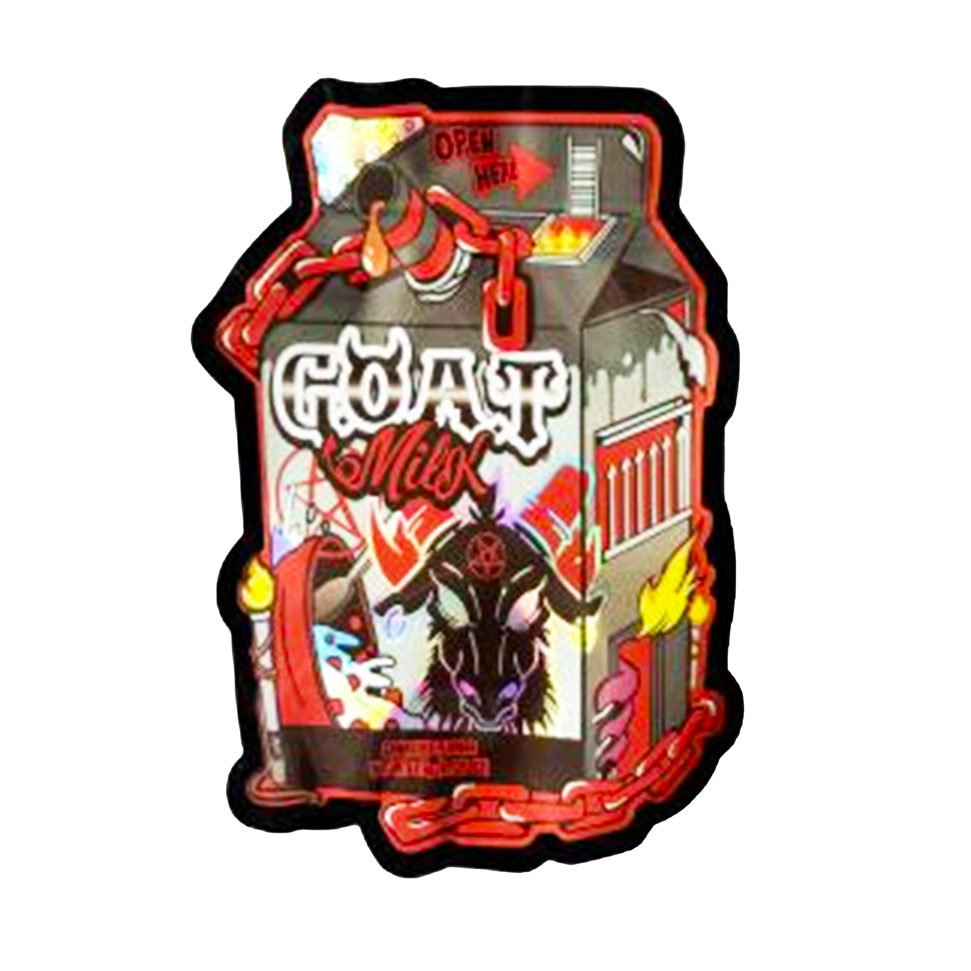 Mylar bag 3.5g, herb Mylar Bags, Where to buy mylar bags, Custom mylar bags near me, Mylar Bags Wholesale. Stylized milk carton with 'GOAT Milk' text and graphics on a white background