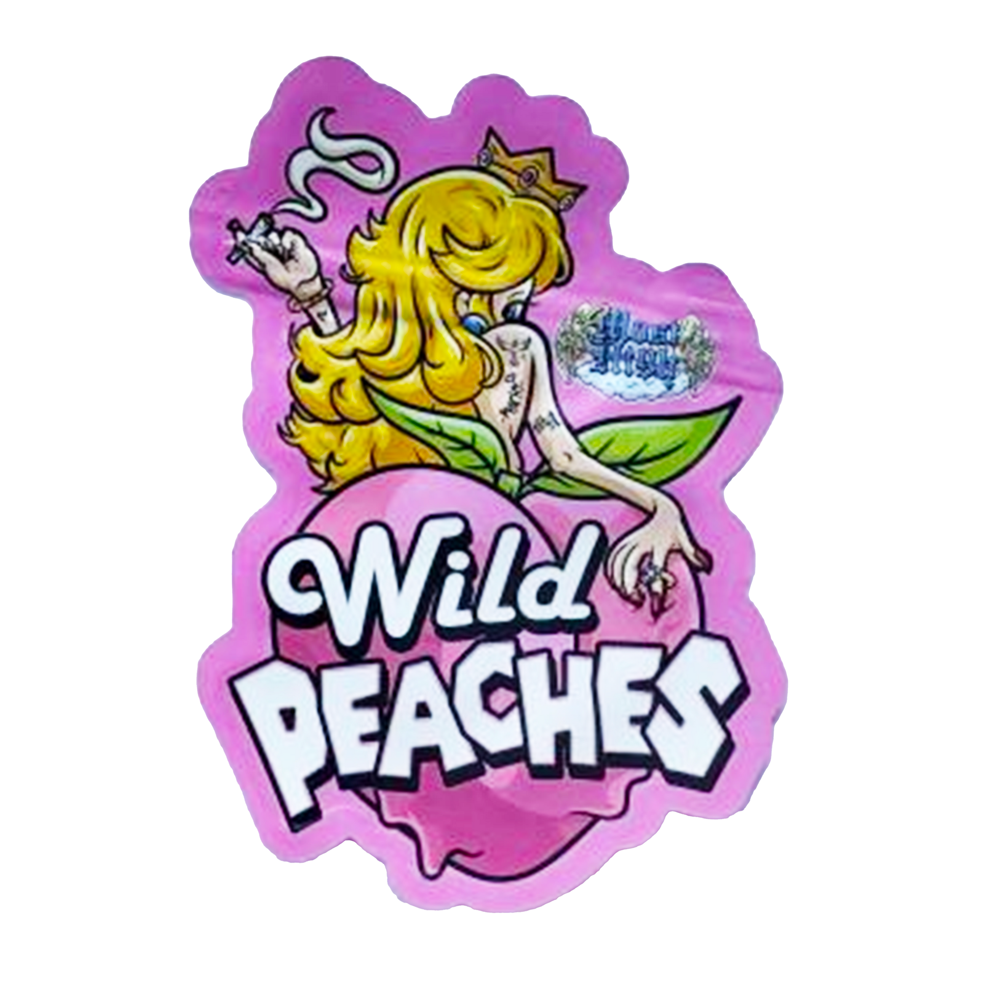 Mylar bag 3.5g, herb Mylar Bags, Where to buy mylar bags, Custom mylar bags near me, Mylar Bags Wholesale. Sticker with a cartoon character and 'Wild Peaches' text on a pink background