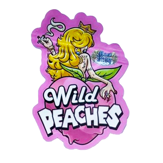 Mylar bag 3.5g, herb Mylar Bags, Where to buy mylar bags, Custom mylar bags near me, Mylar Bags Wholesale. Sticker with a cartoon character and 'Wild Peaches' text on a pink background