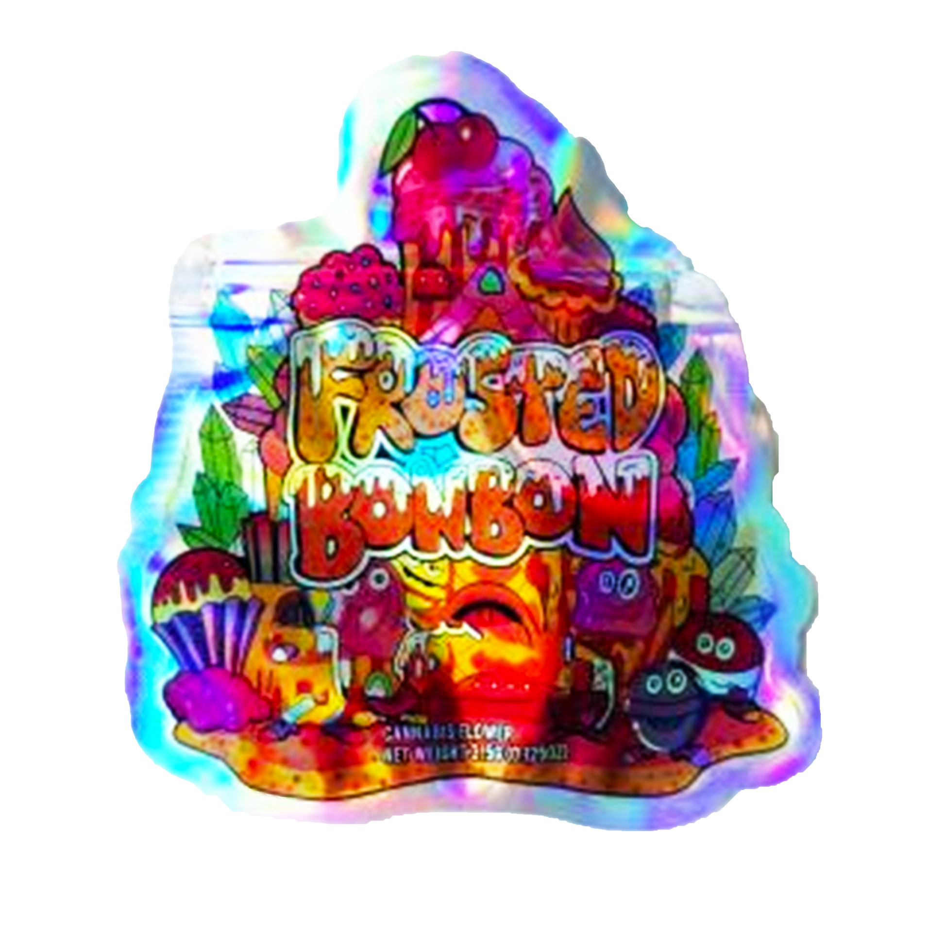 Mylar bag 3.5g, herb Mylar Bags, Where to buy mylar bags, Custom mylar bags near me, Mylar Bags Wholesale. Holographic candy wrapper with colorful graphics and text on a white background