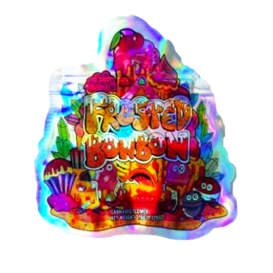 Mylar bag 3.5g, herb Mylar Bags, Where to buy mylar bags, Custom mylar bags near me, Mylar Bags Wholesale. Holographic candy wrapper with colorful graphics and text on a white background