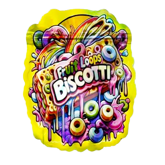Mylar bag 3.5g, herb Mylar Bags, Where to buy mylar bags, Custom mylar bags near me, Mylar Bags Wholesale. Colorful 'Fruit Loops Biscotti' design on a yellow background