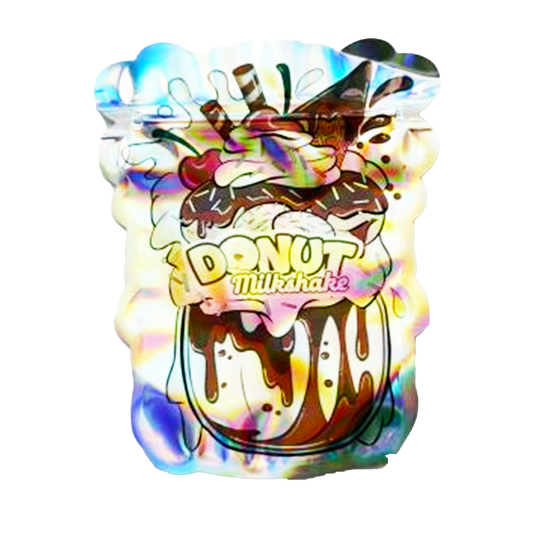 Mylar bag 3.5g, herb Mylar Bags, Where to buy mylar bags, Custom mylar bags near me, Mylar Bags Wholesale. Colorful design of a donut milkshake with rainbow effects on a white background