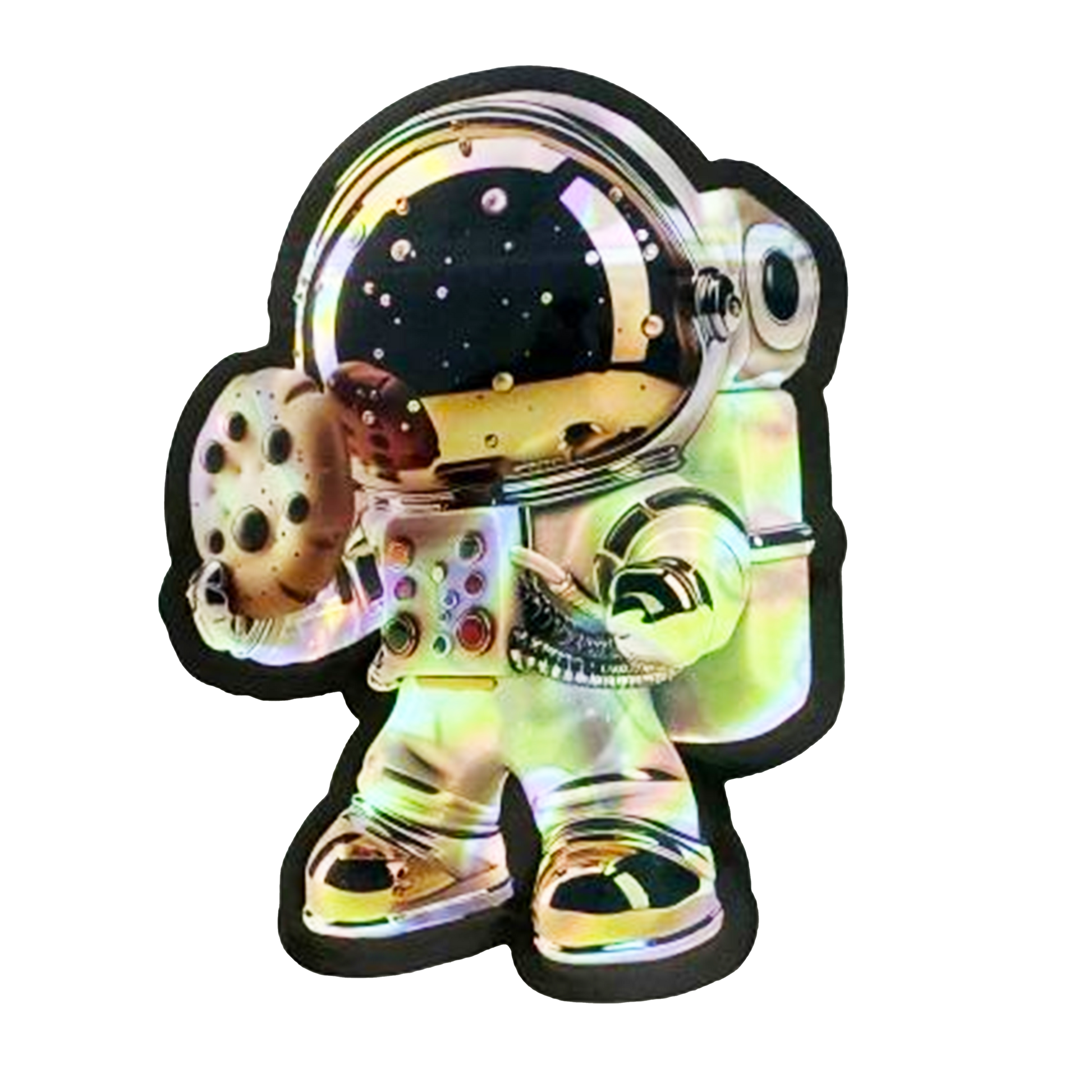 Mylar bag 3.5g, herb Mylar Bags, Where to buy mylar bags, Custom mylar bags near me, Mylar Bags Wholesale. Holographic astronaut toy figure on a white background
