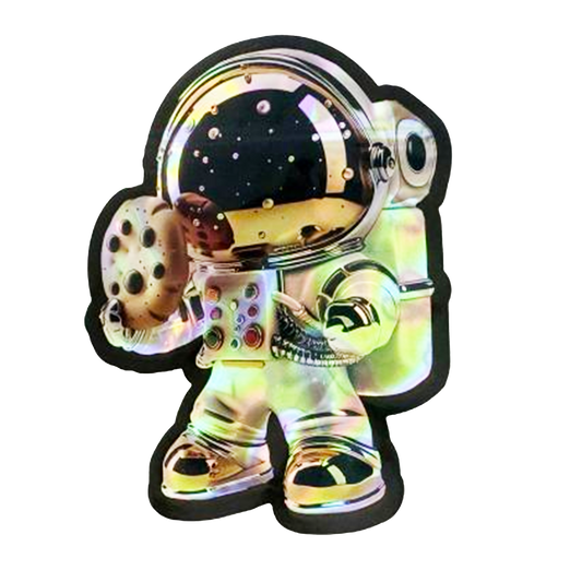 Mylar bag 3.5g, herb Mylar Bags, Where to buy mylar bags, Custom mylar bags near me, Mylar Bags Wholesale. Holographic astronaut toy figure on a white background