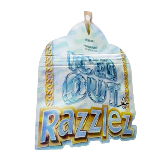 Mylar bag 3.5g, herb Mylar Bags, Where to buy mylar bags, Custom mylar bags near me, Mylar Bags Wholesale. Razzlez product packaging with colorful text on a white background