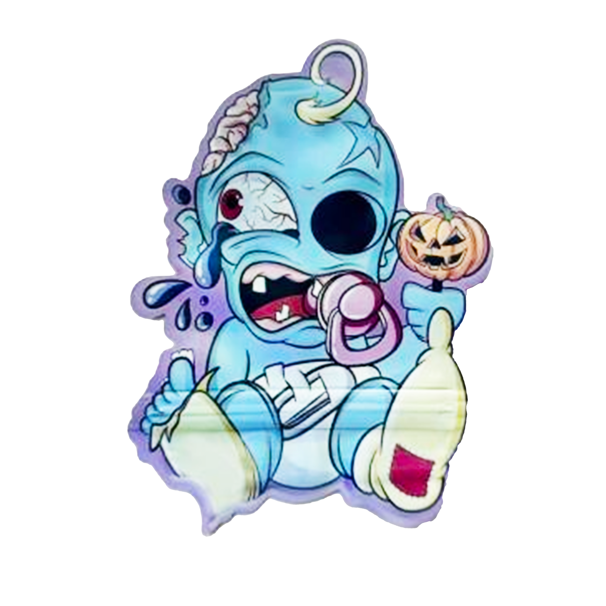 Mylar bag 3.5g, herb Mylar Bags, Where to buy mylar bags, Custom mylar bags near me, Mylar Bags Wholesale. Cartoon character with blue skin, white face, and a pacifier, holding a pumpkin, on a white background.