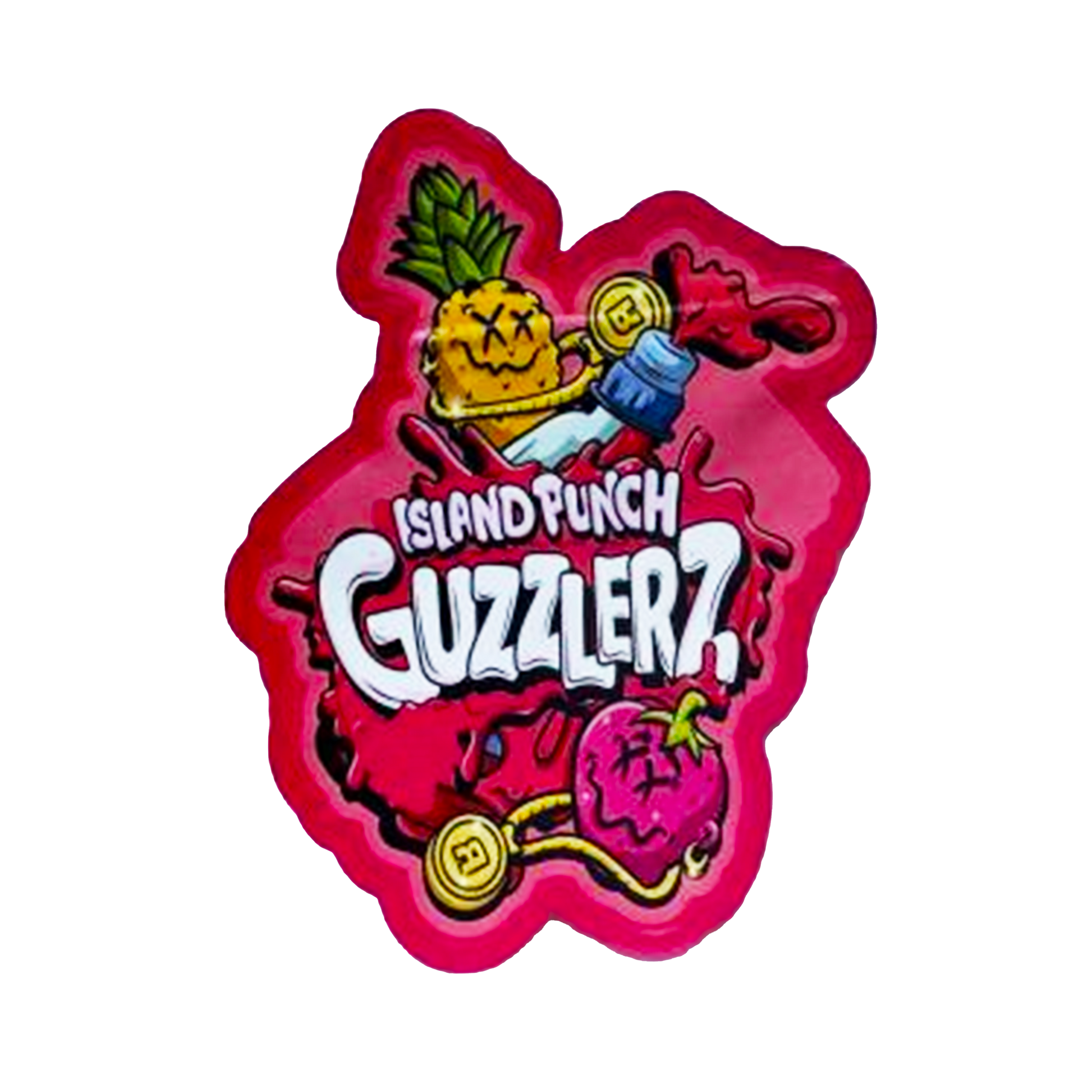 Mylar bag 3.5g, herb Mylar Bags, Where to buy mylar bags, Custom mylar bags near me, Mylar Bags Wholesale. Colorful logo with a pineapple and strawberry on a red background, featuring the text 'Island Punch Guzzlerz'.