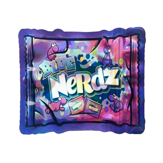 Mylar bag 3.5g, herb Mylar Bags, Where to buy mylar bags, Custom mylar bags near me, Mylar Bags Wholesale. Colorful balloon with 'Blue Nerdz' branding on a white background