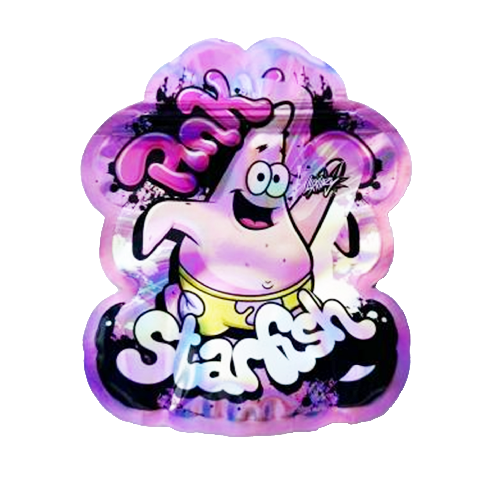 Mylar bag 3.5g, herb Mylar Bags, Where to buy mylar bags, Custom mylar bags near me, Mylar Bags Wholesale. Colorful Patrick Star figurine with 'Starfish' text on a white background