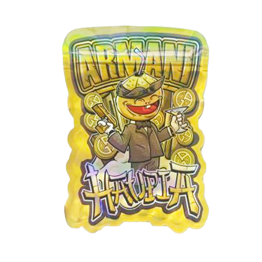 Mylar bag 3.5g, herb Mylar Bags, Where to buy mylar bags, Custom mylar bags near me, Mylar Bags Wholesale. Animated bee character on a yellow background with 'Arnavi' branding