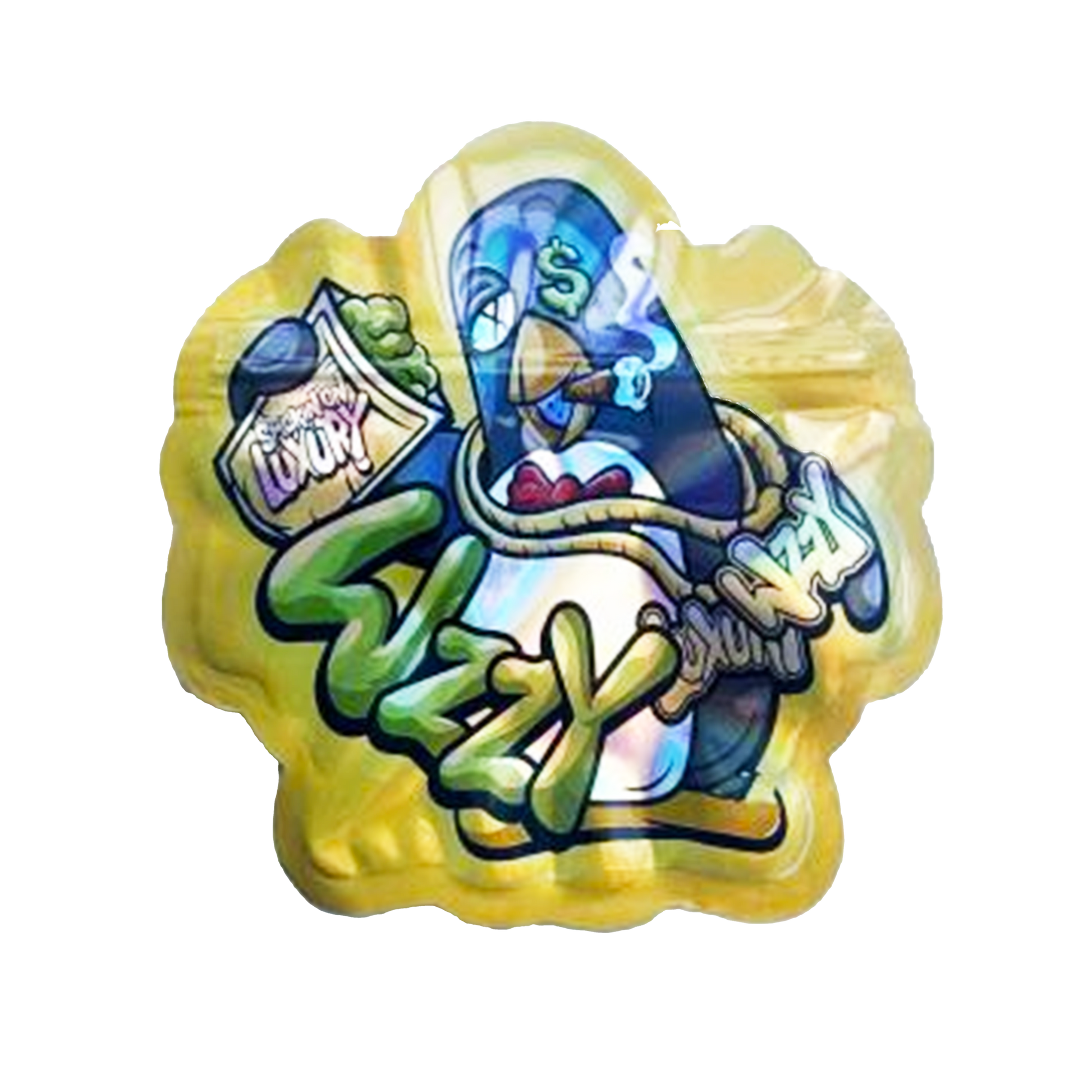 Mylar bag 3.5g, herb Mylar Bags, Where to buy mylar bags, Custom mylar bags near me, Mylar Bags Wholesale. Colorful graffiti-style design on a yellow background