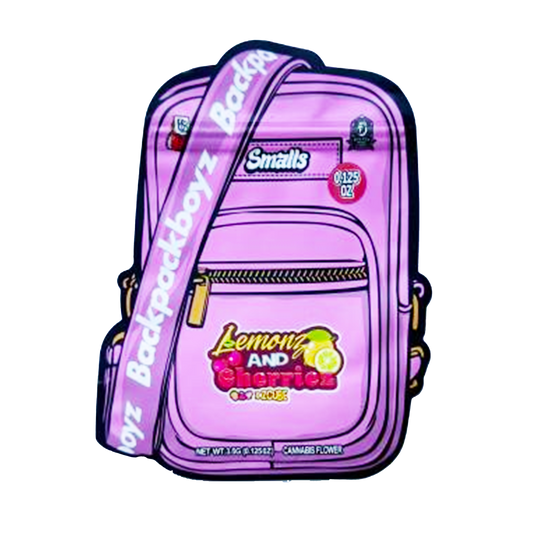 Mylar bag 3.5g, herb Mylar Bags, Where to buy mylar bags, Custom mylar bags near me, Mylar Bags Wholesale. Purple backpack with 'Backpackboyz' branding and 'Lemons and Cherries' flavor text.