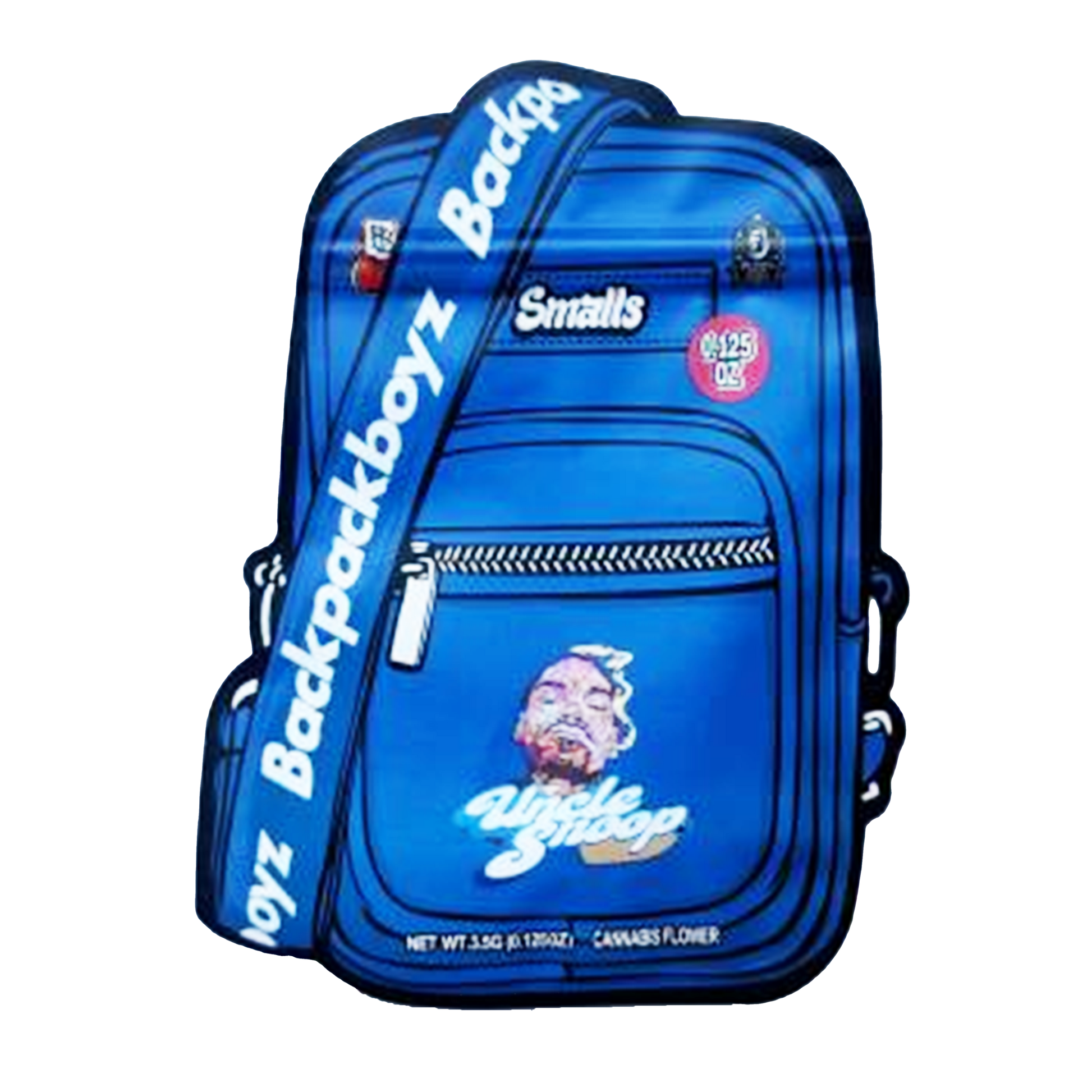 Mylar bag 3.5g, herb Mylar Bags, Where to buy mylar bags, Custom mylar bags near me, Mylar Bags Wholesale. Blue backpack with visible branding and graphics on a white background