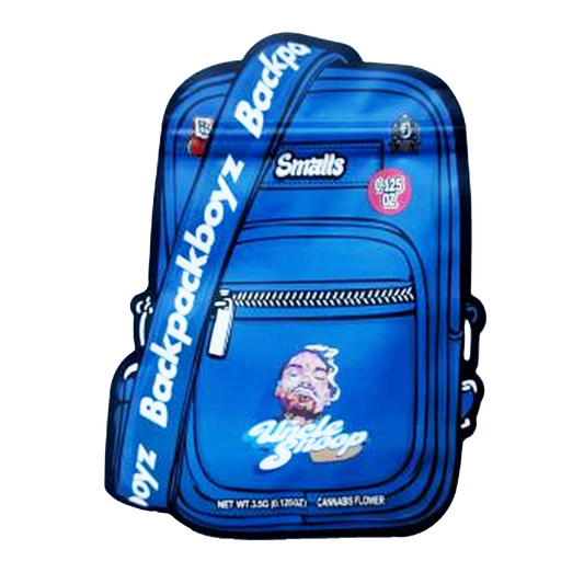 Mylar bag 3.5g, herb Mylar Bags, Where to buy mylar bags, Custom mylar bags near me, Mylar Bags Wholesale. Blue backpack with visible branding and graphics on a white background