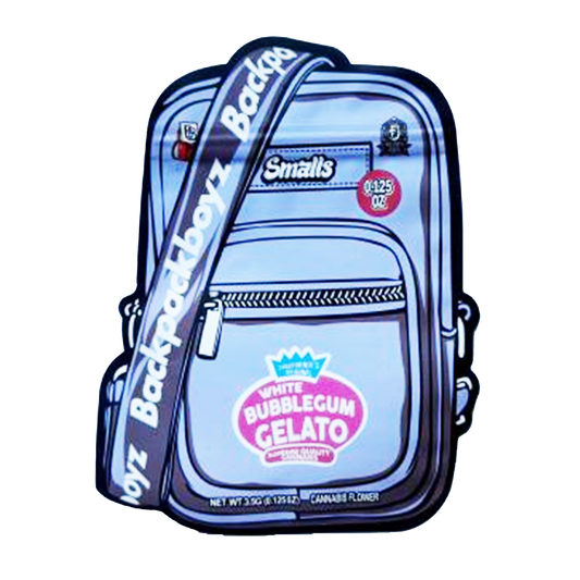 Mylar bag 3.5g, herb Mylar Bags, Where to buy mylar bags, Custom mylar bags near me, Mylar Bags Wholesale. Backpack shaped like a candy bar with 'Backpack Boyz' and 'Smalls' branding on a white background.