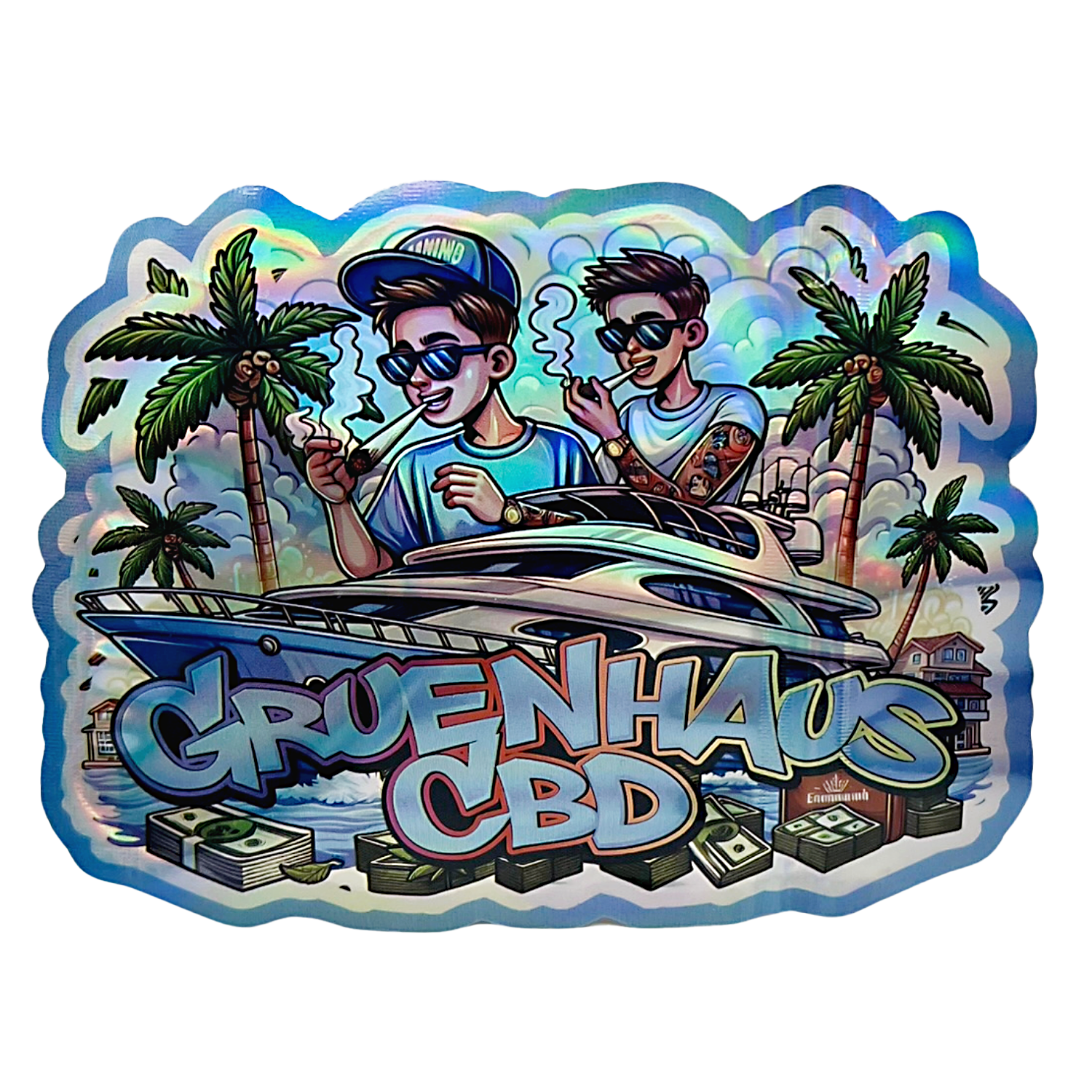 Mylar bag 3.5g, herb Mylar Bags, Where to buy mylar bags, Custom mylar bags near me, Mylar Bags Wholesale. Sticker with two people on a boat, palm trees, and 'Gruenhaus CBD' text.