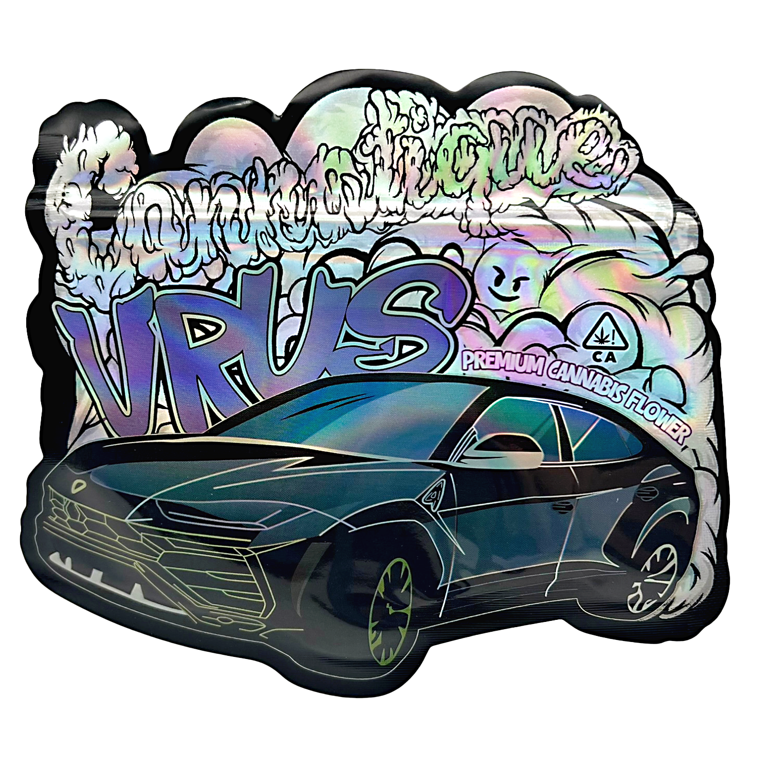 Mylar bag 3.5g, herb Mylar Bags, Where to buy mylar bags, Custom mylar bags near me, Mylar Bags Wholesale. Holographic sticker with 'Virus' branding and car illustration on a white background