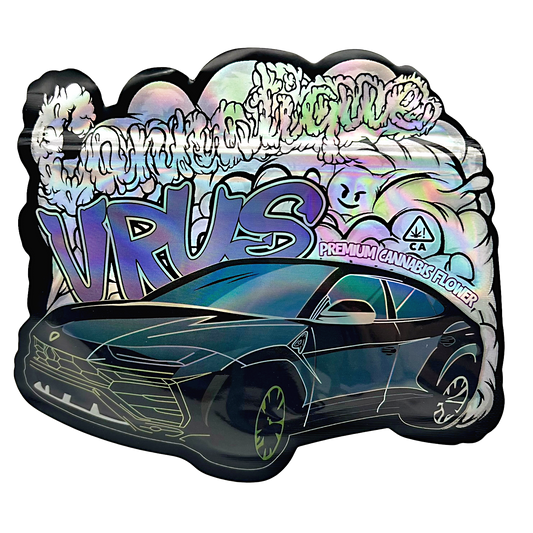 Mylar bag 3.5g, herb Mylar Bags, Where to buy mylar bags, Custom mylar bags near me, Mylar Bags Wholesale. Holographic sticker with 'Virus' branding and car illustration on a white background