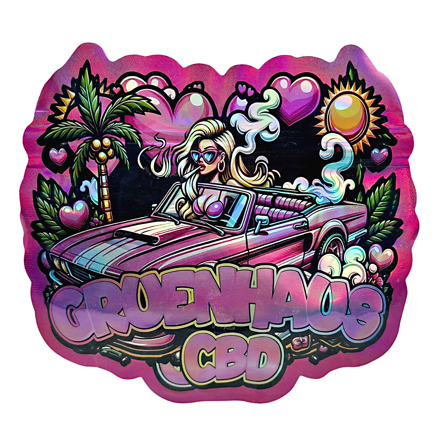 Mylar bag 3.5g, herb Mylar Bags, Where to buy mylar bags, Custom mylar bags near me, Mylar Bags Wholesale. Colorful graphic with a woman in a car, palm trees, and 'Greenhaze CBD' text on a pink border.