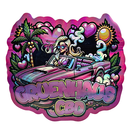 Mylar bag 3.5g, herb Mylar Bags, Where to buy mylar bags, Custom mylar bags near me, Mylar Bags Wholesale. Colorful graphic with a woman in a car, palm trees, and 'Greenhaze CBD' text on a pink border.