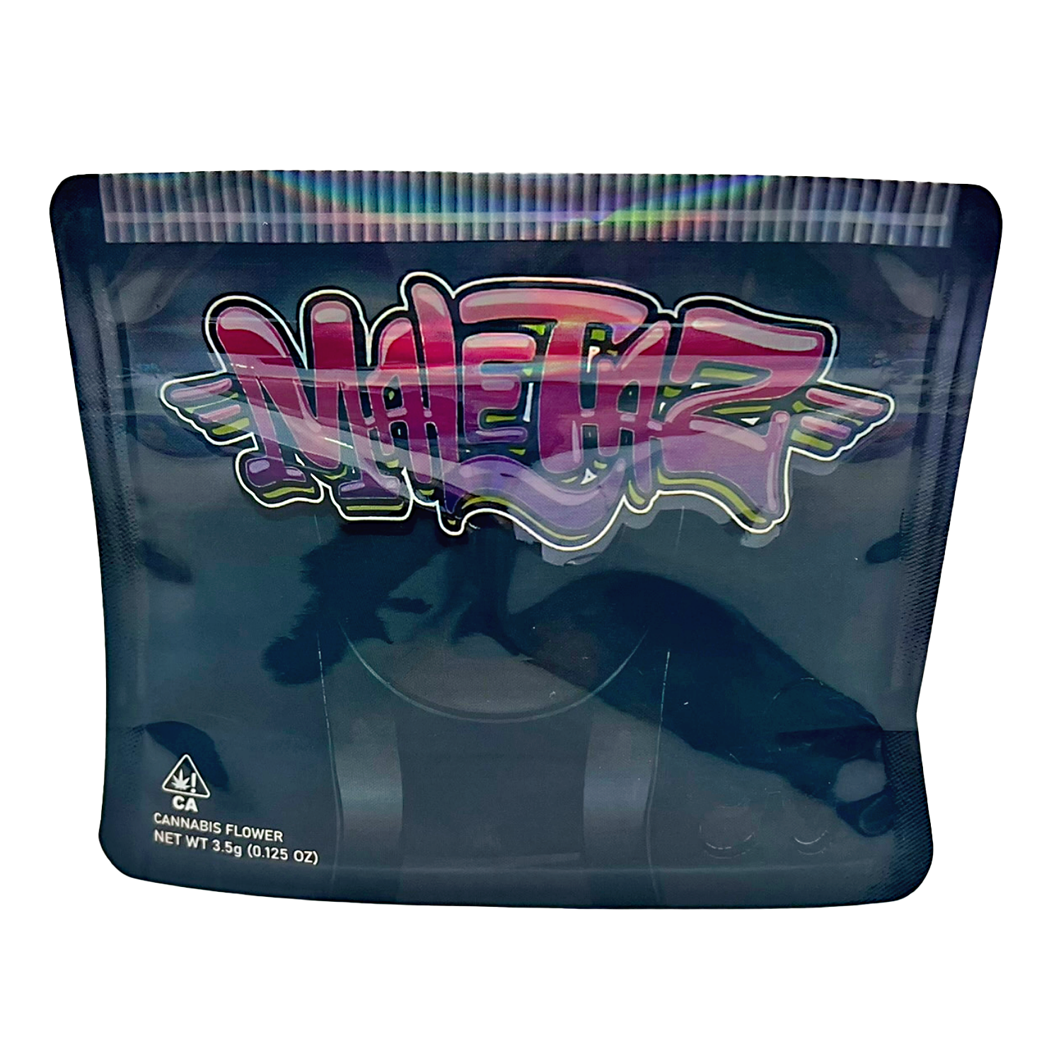 Mylar bag 3.5g, herb Mylar Bags, Where to buy mylar bags, Custom mylar bags near me, Mylar Bags Wholesale. Transparent packaging with colorful 'Methz' branding on a white background