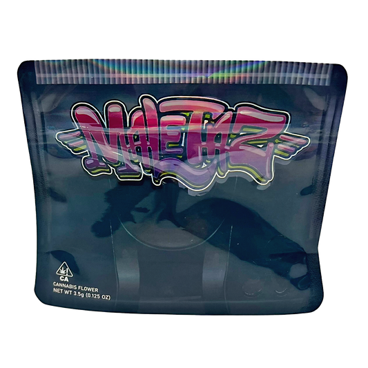 Mylar bag 3.5g, herb Mylar Bags, Where to buy mylar bags, Custom mylar bags near me, Mylar Bags Wholesale. Transparent packaging with colorful 'Methz' branding on a white background