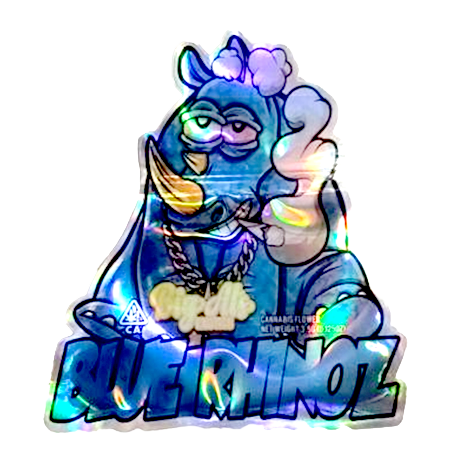 Mylar bag 3.5g, herb Mylar Bags, Where to buy mylar bags, Custom mylar bags near me, Mylar Bags Wholesale. Holographic sticker of a cartoon character with 'Pueblinoz' branding on a white background