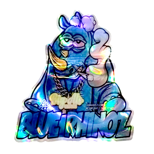 Mylar bag 3.5g, herb Mylar Bags, Where to buy mylar bags, Custom mylar bags near me, Mylar Bags Wholesale. Holographic sticker of a cartoon character with 'Pueblinoz' branding on a white background