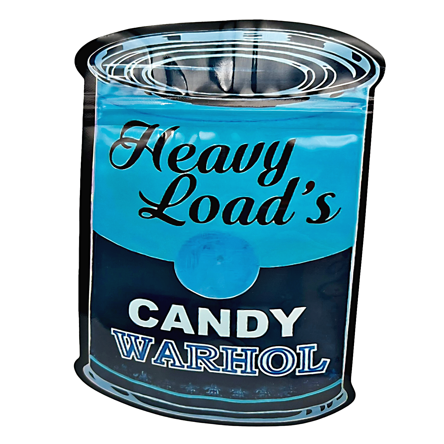 Mylar bag 3.5g, herb Mylar Bags, Where to buy mylar bags, Custom mylar bags near me, Mylar Bags Wholesale. Blue canister with 'Heavy Load's Candy Warhol' text on a white background