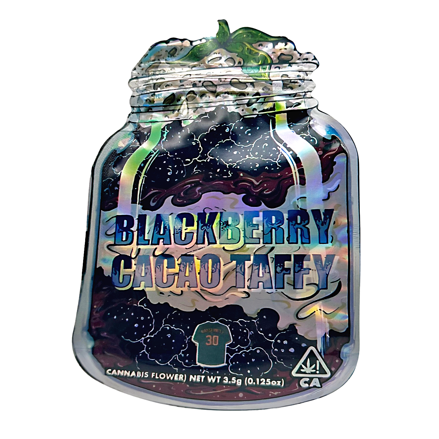 Mylar bag 3.5g, herb Mylar Bags, Where to buy mylar bags, Custom mylar bags near me, Mylar Bags Wholesale. Jar of Blackberry Cacao Taffy with colorful label on a white background