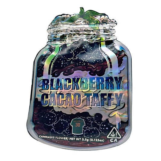 Mylar bag 3.5g, herb Mylar Bags, Where to buy mylar bags, Custom mylar bags near me, Mylar Bags Wholesale. Jar of Blackberry Cacao Taffy with colorful label on a white background