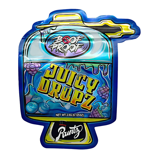 Mylar bag 3.5g, herb Mylar Bags, Where to buy mylar bags, Custom mylar bags near me, Mylar Bags Wholesale. Colorful packaging of Juicy Dropz by Boot Profi with Runty branding on a white background