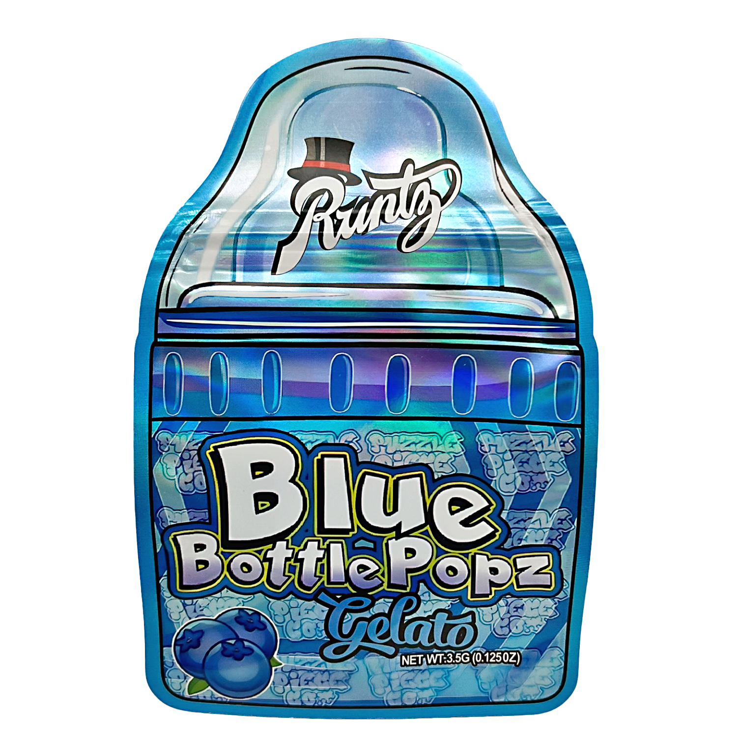 Mylar bag 3.5g, herb Mylar Bags, Where to buy mylar bags, Custom mylar bags near me, Mylar Bags Wholesale. Blue bottle-shaped gelato packaging with 'Runtz' branding on a white background