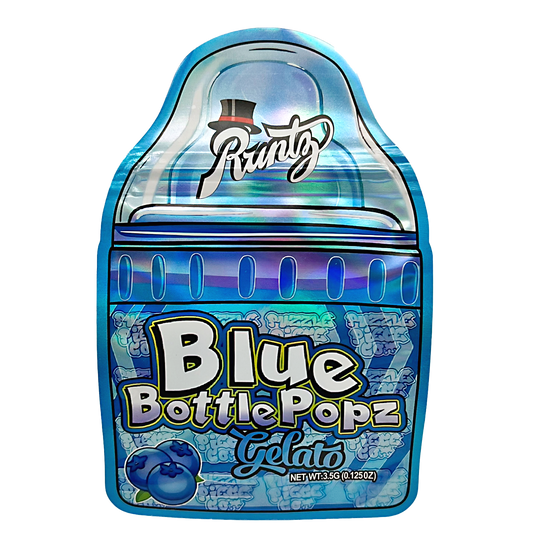Mylar bag 3.5g, herb Mylar Bags, Where to buy mylar bags, Custom mylar bags near me, Mylar Bags Wholesale. Blue bottle-shaped gelato packaging with 'Runtz' branding on a white background