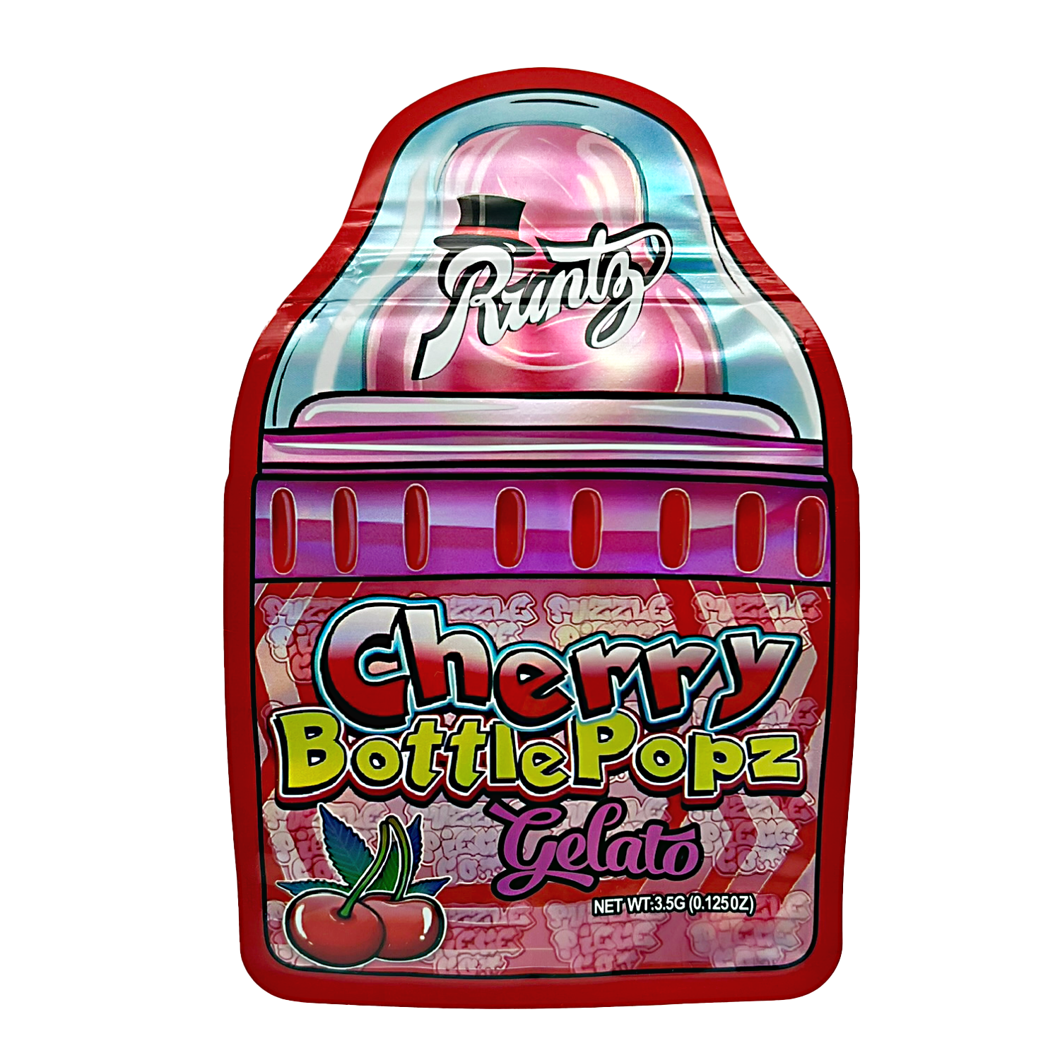 Mylar bag 3.5g, herb Mylar Bags, Where to buy mylar bags, Custom mylar bags near me, Mylar Bags Wholesale. Packaged Cherry Bottle Popz Gelato with 'Runtz' branding on a white background