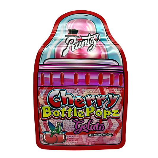 Mylar bag 3.5g, herb Mylar Bags, Where to buy mylar bags, Custom mylar bags near me, Mylar Bags Wholesale. Packaged Cherry Bottle Popz Gelato with 'Runtz' branding on a white background