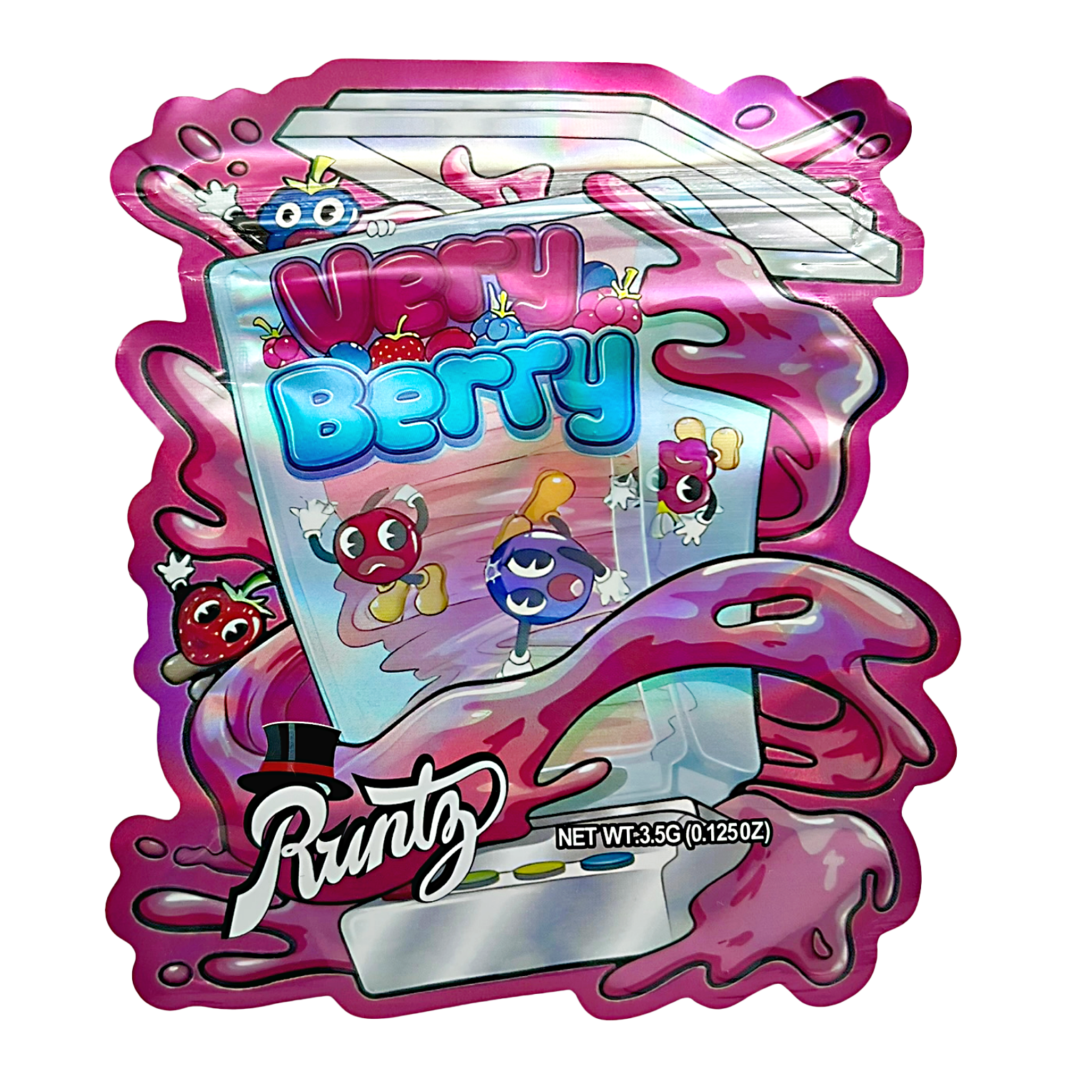 Mylar bag 3.5g, herb Mylar Bags, Where to buy mylar bags, Custom mylar bags near me, Mylar Bags Wholesale. Colorful packaging of Runtz candy with cartoon characters on a white background